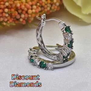 Green & White 2.20 Ct. Sapphire Hoop Earrings 14K White Gold 925 Sterling Silver